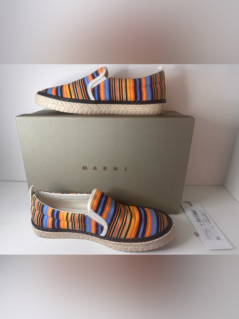 Marni Orange, Blue and Black Striped Slip-On Sneakers